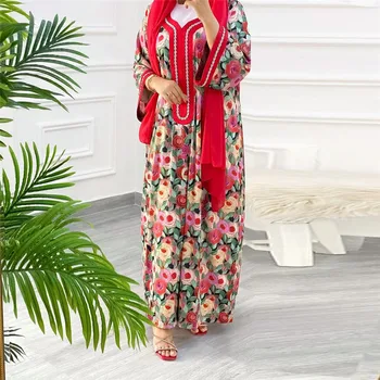Dimantu Ziedu Drukāt Maxi Kleita Sievietēm Musulmaņu Lakatu Marokas Drēbes Āfrikā, Puse Vakarkleita Dubaija Turcija Kaftan Ramadāna Jalabiya