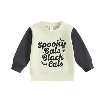 Toddler Boy Girl Halloween Sporta Krekls Ar Garām Piedurknēm Ar Apaļu Kakla Vēstuli Bat Drukāt Pulovers Topi Brīvs