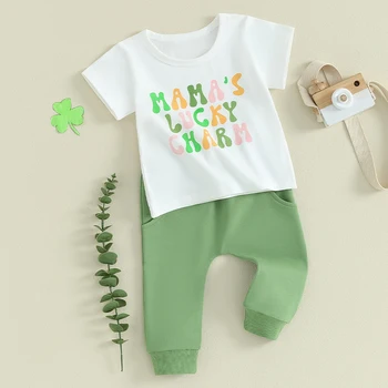 Baby Boy Meitene, St Patrick ' s Apģērbs ar Īsām Piedurknēm Krekls Elastīga Vidukļa Bikses Vasaras Laimīgs Āboliņš Apģērbu Komplekts