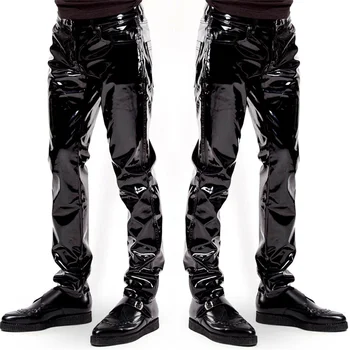 Melns Vīriešu Mākslīgās Ādas Bikses Spīdīgu Lateksu, PVC Slapjš Izskatās, Motociklu Ielu Modes Bikses Clubwear Kostīms