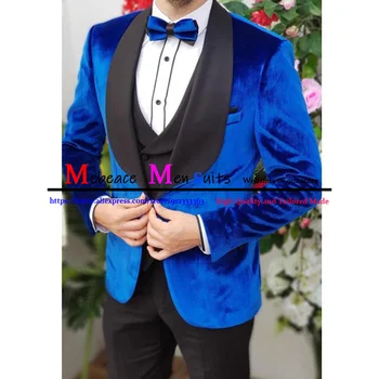 Ir 2021. Modes Royal blue Lakatu, Atloks, Vīriešu Uzvalki, Biznesa pieguļoša Žakete Vintage Kāzu Līgavainis 3 Gabalu Komplekti (Jaka+Veste+Bikses)