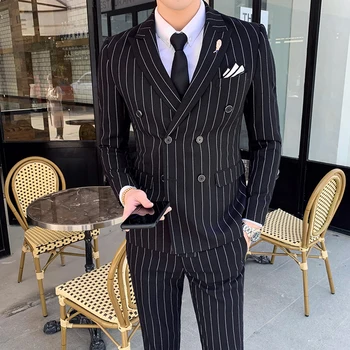(Jaka+Bikses) Vertikālo Svītru Vīriešu Uzvalku Homme Slim Fit Biznesa korejas Izdevums Dubultā Krūtīm, Uzvalkā Kāzu, Banketu Komplekts 2