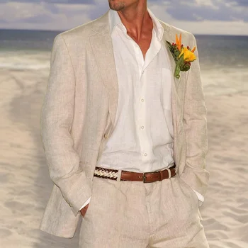 Lina Kāzu Uzvalku Vīriešiem Vasarā Bēša 2 Gabals Uzvalks Pludmales Stilu, Līgavaiņa Modes Smokings 2023 Amerikāņu Stila Jaka ar Biksēm