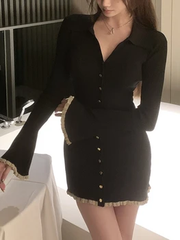 Seksīga, Elegants Desinger Melna Kleita Sievietēm ar garām Piedurknēm Y2K Puse Mini Kleita Sieviešu Ikdienas Stila Vienā Gabalā Kleita korejas 2023 Pavasarī
