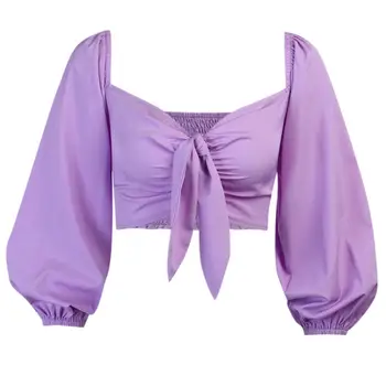 Sieviešu Blūze Sexy tīrtoņa Krāsu Puff Sleeve Pie Pleca Bowknot Pogas blūzes un krekli, Sieviešu Apģērbs ir 2021. блузка женская