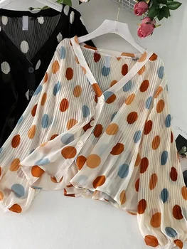 Jmprs Vasaras Šifona Sieviešu Krekli Modes V Kakla Drukāt Dot Puff Piedurknēm Plānas Kārtas Gadījuma Dāmas Pludmales Krekls Jaunas