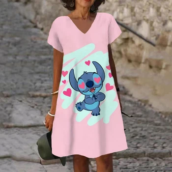 2022. gada Vasaras Sieviešu Ziedu Disney Stitch Kleita Ceļa Garums Apaļu Kakla Īsām Piedurknēm Kleita Sērijas Gadījuma Pludmales Kleita Jauns