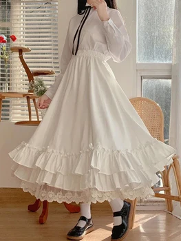 Balti Gari Svārki Sievietēm Japāņu Stila Mežģīņu Dubultā Slāņa Svārki Sieviešu Modes Salds Zaudēt Pusi Svārki Preppy Mežģīņu-line Svārki