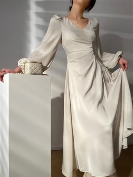 Pavasarī, Vasarā Ilgi Puse Kleita Elegantu V-Kakla Laternu Piedurknēm Kleitas Sievietēm Augsta Vidukļa Cietā Ruched Minimālisma Kleitas Sieviete
