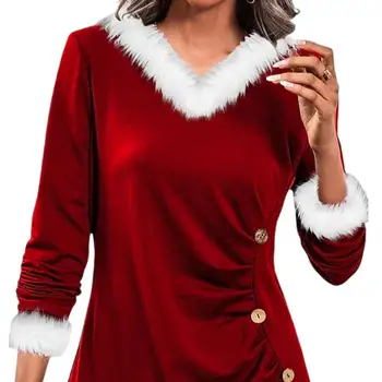 Lady Ziemassvētku Top Stilīgs Sieviešu V Kakla Pogu Dekors Kroku Krāsas Pieskaņotu Pulovers Mājīgs, Silts rudens/ziemas Ziemassvētkos