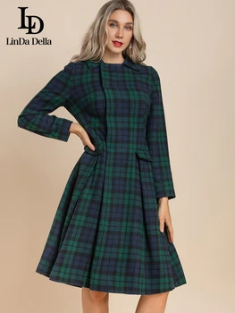 LD LINDA DELLA Dizainers Skrejceļa Rudens Ziemas Vintage Puse Kleita Sieviešu Vienotā Krūtīm, garām Piedurknēm Zaļā Pleds Modes Kleita