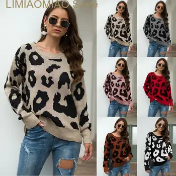 Jauna Rudens un Ziemas Trikotāža Leopard Džemperis Džemperis Mētelis Sievietēm korejas Vintage Apģērbu, Trikotāžas Y2k Topi Lielgabarīta