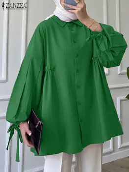 ZANZEA Modes Sieviešu Atloks Apkakli, garām Piedurknēm Cietā Krekls Gadījuma Mežģīnes Up Topi Brīvs Blusas Rudenī Musulmaņu Blūze Darba Chemise Mujer