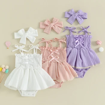 Baby Girl 2gab Vasaras Apģērbs bez Piedurknēm Priekšgala Priekšā Smocked Romper Kleita ar Galvas Komplekts Zīdaiņiem, Bērnu Apģērbu Komplekts