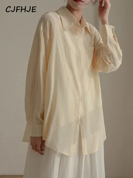 CJFHJE Gadījuma Aprikožu Blūzes Sieviešu Vintage garām Piedurknēm Birojs Dāmu Blūze Modes Vienkāršu Savukārt Apkakle Balti Krekli Sieviešu