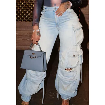 Vintage Gadījuma Džinsa Multi Kabatas Izvilkts Bikses Sievietēm Elastīgs Viduklis Vidējs Rāvējslēdzēju, Pogu, Baggy Džinsi Hipster Streetwear