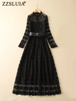ZZSLUIA Vintage Kleitas Sievietēm tīrtoņa Krāsu Izšuvumi Dizainers Slim Garo Kleitu Modes garām Piedurknēm, Elegants Kleitas, Sieviešu