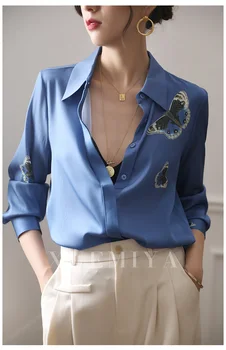 Modes luksusa dāmas satīna krekls Francija stila sieviete drukāšanas blūze Pavasara Rudens garām piedurknēm Topi blusa mujer