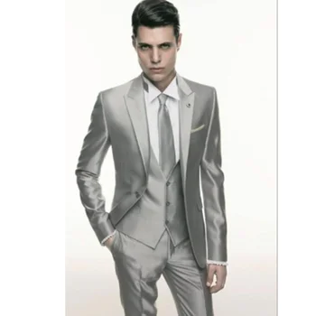 2024 Jaunas Ielidošanas Sudraba Pelēks Vīriešu Uzvalki Set 3Pcs Izdilis Britu Stila Kāzu Līgavainis Tuxedos Žakete Augstas Kvalitātes Pasūtījuma