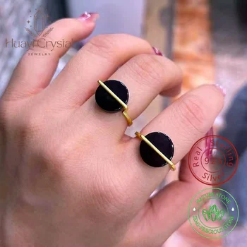 vienkārši dabas black onyx diska gredzens regulējams ar 925 sudraba 18k zelta pārklājumu sieviešu smalkas rotaslietas