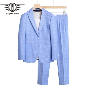 Modes Pleds Tērps Vīriešiem Sky Blue Classic Kāzu Uzvalki Vīriešu Slim Fit Vīriešu Svītrainu Uzvalku Augstas Kvalitātes 2 Gabals Līgavainis Valkā Q1333