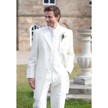 Modes Balts Robs Atloks Vienu Krūtīm, Uzvalki Vīriešiem Eleganti Oficiālu Kāzu Līgavainis Tailcoat Smart Casual Vīriešu Slim Fit Uzvalks