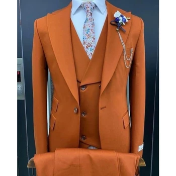 Modes Tumši Oranžs Vīriešu Slim Fit Uzvalki Formālas Biznesa Uzvalku Kungi Kāzu Uzvalki Līgavainis 3 Gabals Komplekts(Žakete + Bikses +Veste)