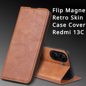 Redmi 13C 4G Luksusa Ādas Gadījumā Retro Ādas GRĀMATU Flip Magnēta Turētājs Pilnībā Segtu Xiaomi Redmi 13C Redmi13 C 13 C Tālrunis Somas