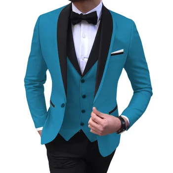 Zila Spraugas, Vīriešu Uzvalki 3 Gabals Melna Šalle Atloks Gadījuma Tuxedos Kāzu Groomsmen Kostīmi Vīriešu 2023 (žakete+veste+bikses)