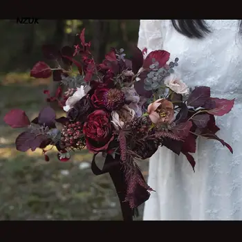 NZUK Mākslīgie ziedi Bordo Kāzu Pušķi Šarmu Boho Peonija Līgavas ziedu Pušķis, ramo de la boda roza bukiet