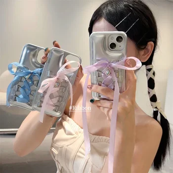 Korejas Baleta Pārsējs Mobilo Tālruni Gadījumā, Elegants Sudraba Airmattress Šūnu Viedtālrunis Priekšgala Gadījumā Protector For iPhone 13 14 Pro Max
