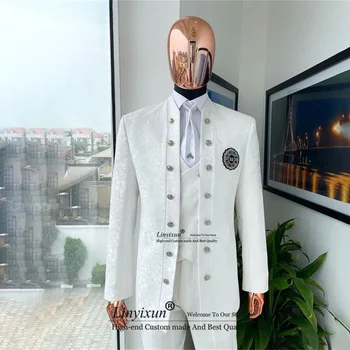 Modes Vīriešu Uzvalki Žakarda Stand Apkakli Līgavainis Kāzu Uzvalku 3 Gabalu Komplekti Vīriešu Balli Bleizeri Slim Fit Groomsmen Kostīmu Homme