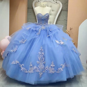 Nekustamā Debesis Zilas Quinceanera Kleita ar 3D Ziedu Aplikācijas Vestidos XV Años Sweet 16 Kleitu, Tērpu De Soirée ar Lielu Loku Pasūtījuma