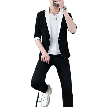 2024 Vīriešu Vasaras Pusi Piedurknēm Krāsas Pieskaņotu Uzvalku Jauniešu Modes Slim Fit Mid-Piedurknes Uzvalks Divi Gabali