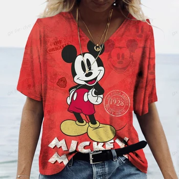 Vasaras Sieviešu Disney Mickey Mouse Print T-krekls ar V-veida kakla Lielās Īsām Piedurknēm, V veida Kakla Top Sieviešu Harajuku Top T-krekls