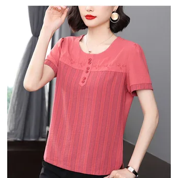 Modes O-veida Kakla Savienoti Izšuvumi Svītrains T-Krekls Sieviešu Apģērbu 2023 Vasarā Jaunu Lielgabarīta Gadījuma Puloveri korejas Tee Krekls