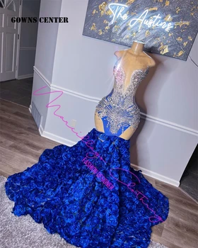 Royal Blue Balles Kleitas 2024. Gadam Melnās Meitenes Luksusa Kristāla Frēzēšana Izlaiduma Kleita Mermiad Puse Kleita Kakla Kāzu vestidos
