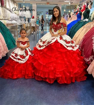 Luksusa Meksikas Charro Quinceanera Kleitas 2023 Organza Ruffles Ziedi Bumbu Kleita Balles Kleita, Saldais 15 Dzimšanas Dienu Māte Meitu