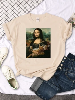 T Krekls Vasaras Vintage Sieviešu t-Krekli Slavenā Glezna Mona Lisa Turiet Kaķi Smieklīgi Izdrukāt Sieviešu T Gadījuma Soft Topi