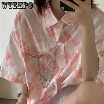 WTEMPO Savukārt Apkakle ar Īsām Piedurknēm Blūzes Birojs Dāmu Krekli, Eleganti Sasilda Modelis Drukāt Pavasara Gadījuma Pogu Vintage T-Krekls