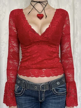 Sieviešu Mežģīņu Krekls Y2k Pasaku Grunge V Kakla Garām Piedurknēm Slim Fit Kultūraugu Top Vintage Redzēt Cauri T Krekls