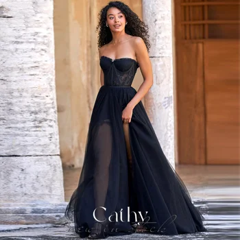 Cathy Sexy Strapless Black فساتين مناسبة رسمية Pusē Augsta Sadalīt Balles Kleitu 2023 Plāna Šifona Mežģīnes-line Vestidos De Noche