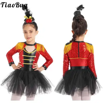 Bērni, Meitenes Halloween Cirka Ringmaster Tērps Ar Garām Piedurknēm Sequin Leotard Tutu Kleita Karnevāls Pusei Burvis Lauva Tamer Cosplay