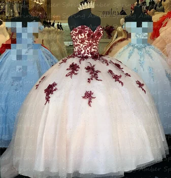 Vīna Sarkans Ziedu 2023 Quinceanera Kleitas Princese Bumbu Kleita Mīļotā Pakļauti Atkaulošanas Meitene, Dzimšanas dienas svinības vestidos de 15 anos 16