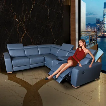 Ādas dīvāns itāļu mūsdienu vienkāršiem, maziem un vidējiem dzīvojamās istabas stūrī kombinācija, elektriskie ādas dīvāns