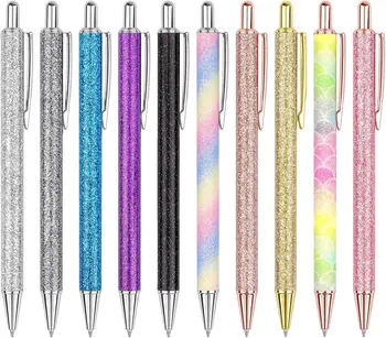 10 GAB Lodīšu Pildspalvas, Spīguļi, Rose Gold Noklikšķiniet uz Lodīšu Pildspalvas, Metāla Izvelkams Pildspalvu, Melna Tinte Vidējā Punktu, 1mm, Dāvanas un Biroja