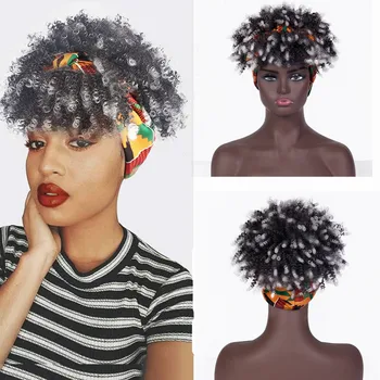 Jaunu Lakatu Parūka Sintētisko Matu Afro Kinky Cirtaini Ar Bangs Modes Slīpums Melna Krāsa Mazo Cirtaini Īss Parūkas Melnās Sievietes